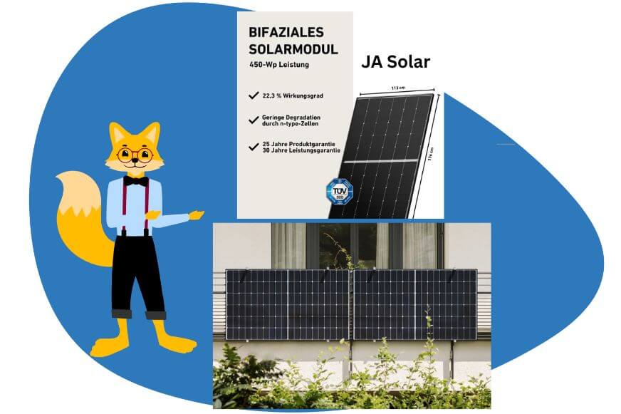Das Balkonstrom JA Solar - Solarmodul wird im ganzen gezeigt. 